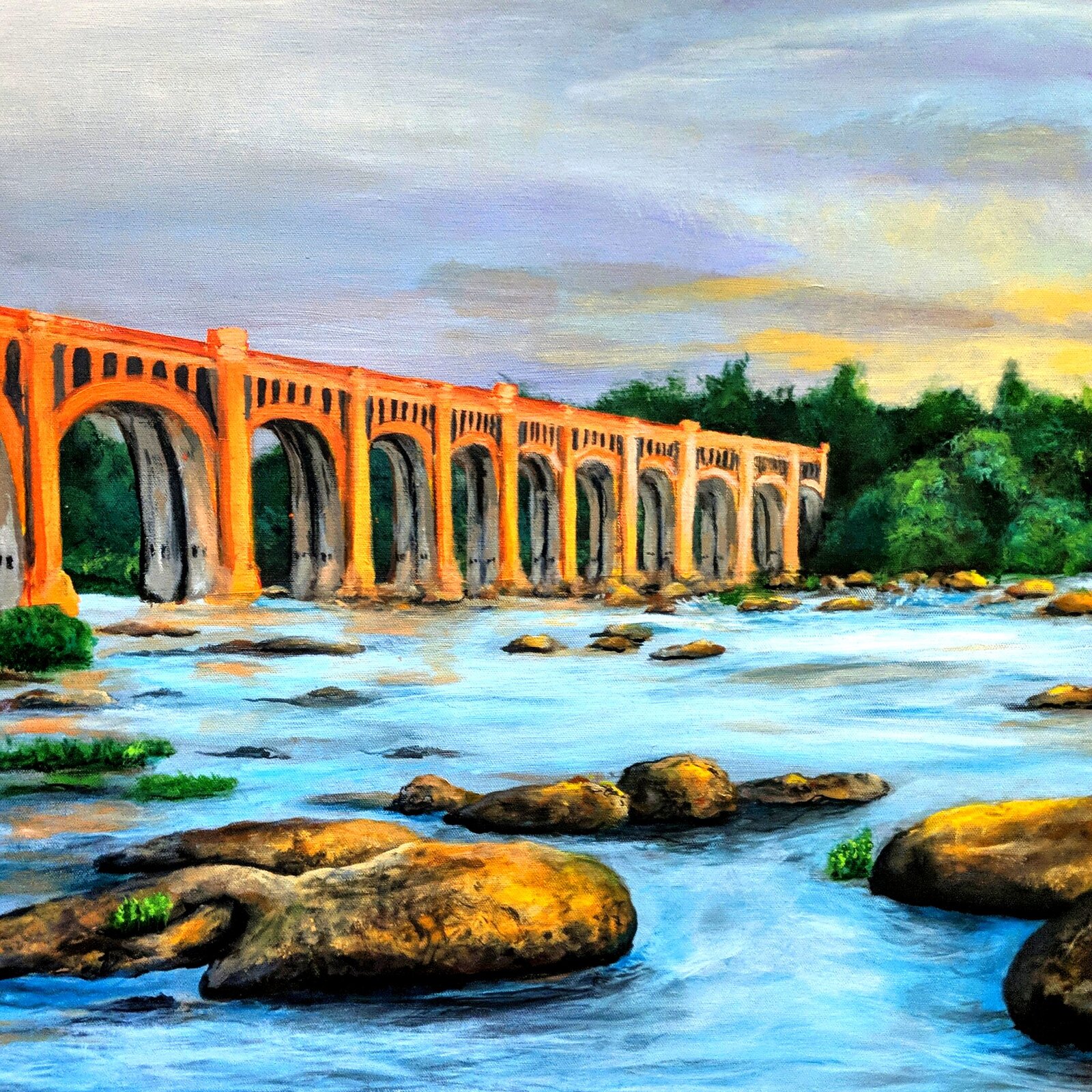 James River Railroad Bridge at sunset - acrylic painting by Kevin Guertler