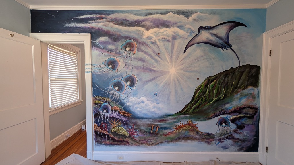 Ocean mural featuring stingrays and jellyfish